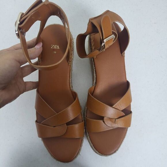 ZARA Tan Leather Hessian Wedge Sandals Shoes Size 39 UK 6 US 8 Summer Holiday - Picture 6 of 10